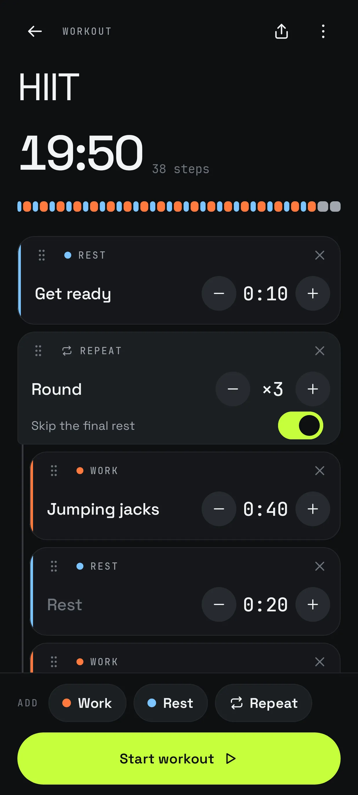 Workout editor with work, rest and repeat blocks