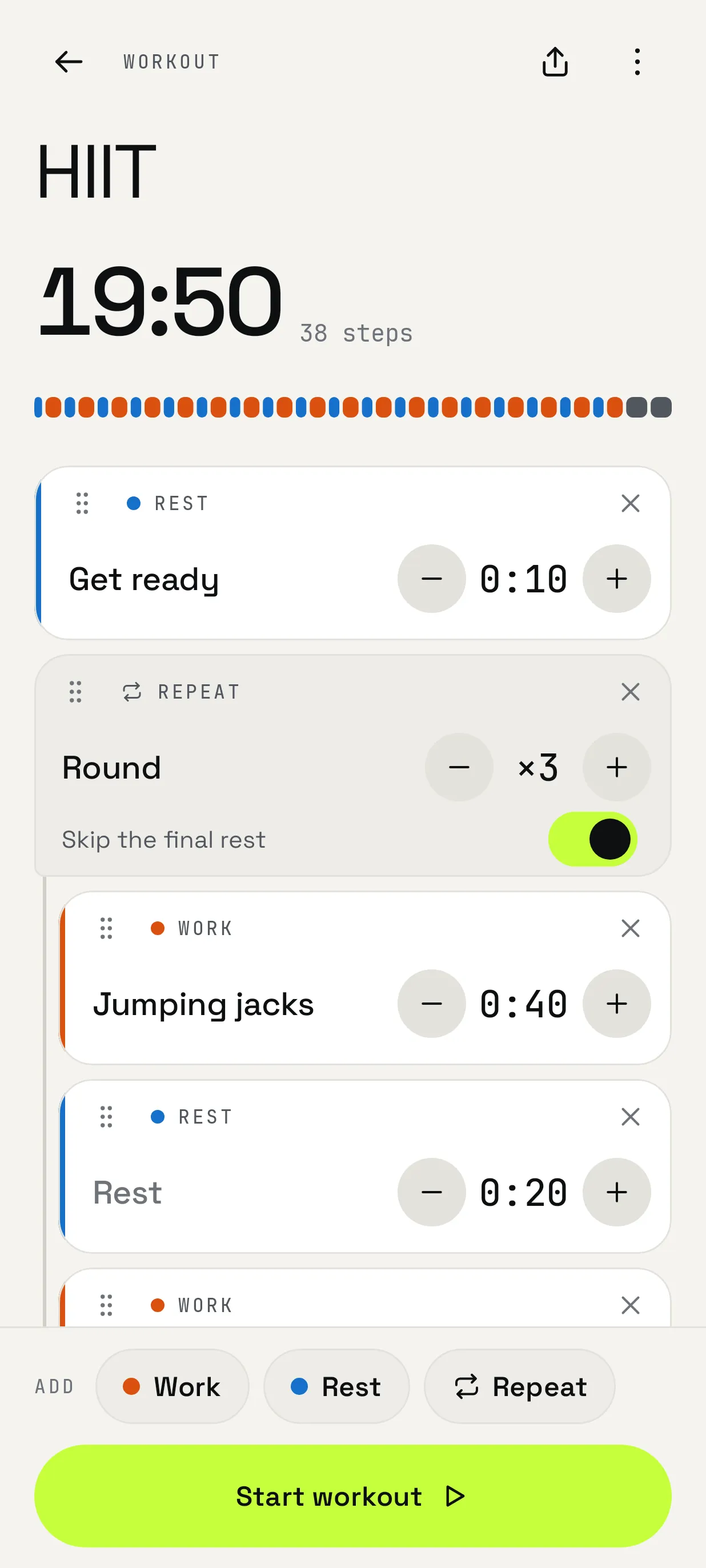 Workout editor with work, rest and repeat blocks