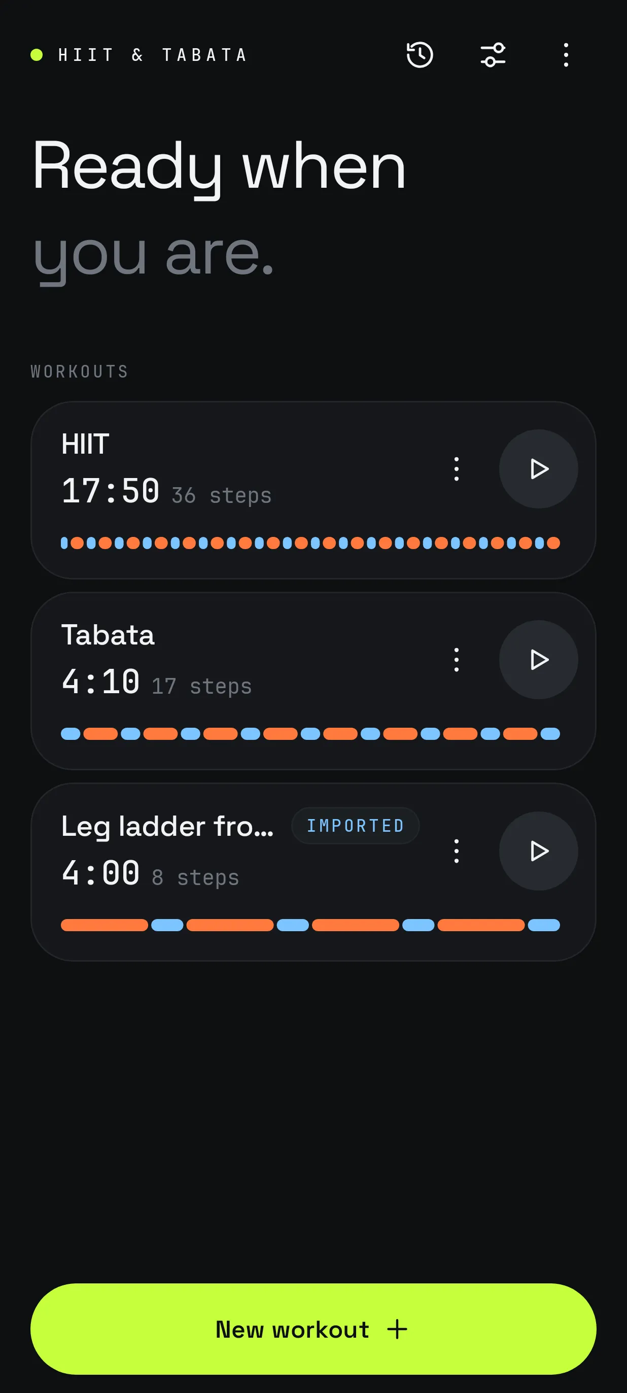 Timer home screen listing saved workouts